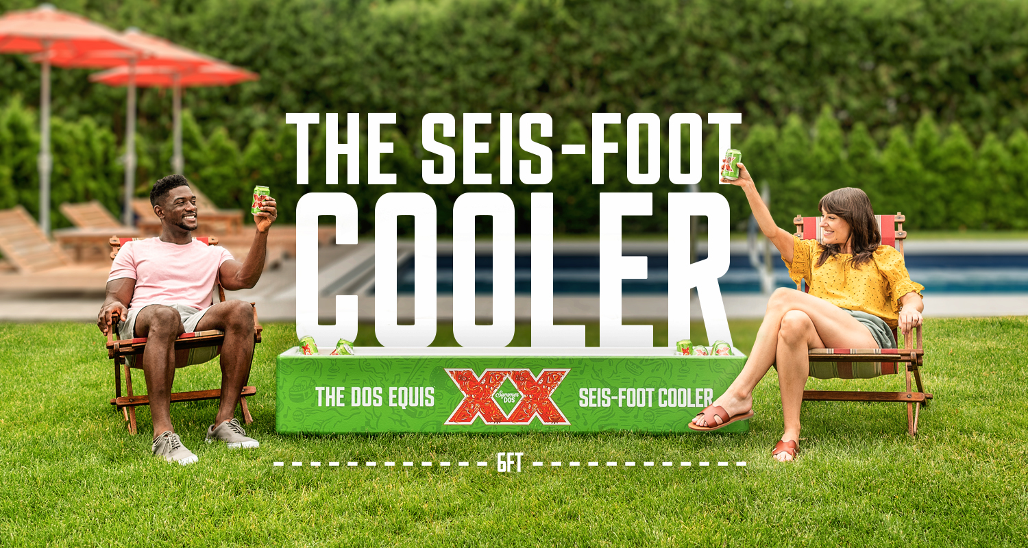 Dos Equis beer seis-foot cooler social distancing promo